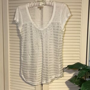 Bordeaux 100% Linen White and Silver/metallic Striped V-Neck Tee